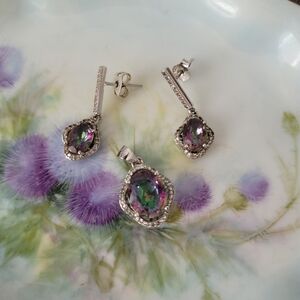 Silver Mystic Topaz Oval Pendant and Earrings Set - Iridescent Green-Purple